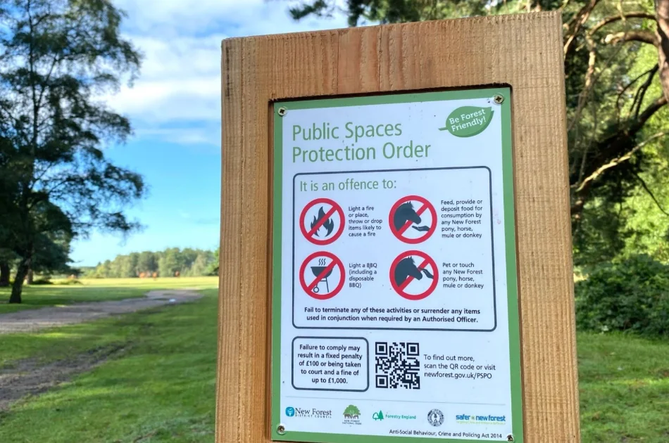 A wooden sign displays rules for a Public Spaces Protection Order in a grassy park, listing offences like lighting barbecues and feeding ponies. Blue sky and trees are visible in the background under a sunny sky.