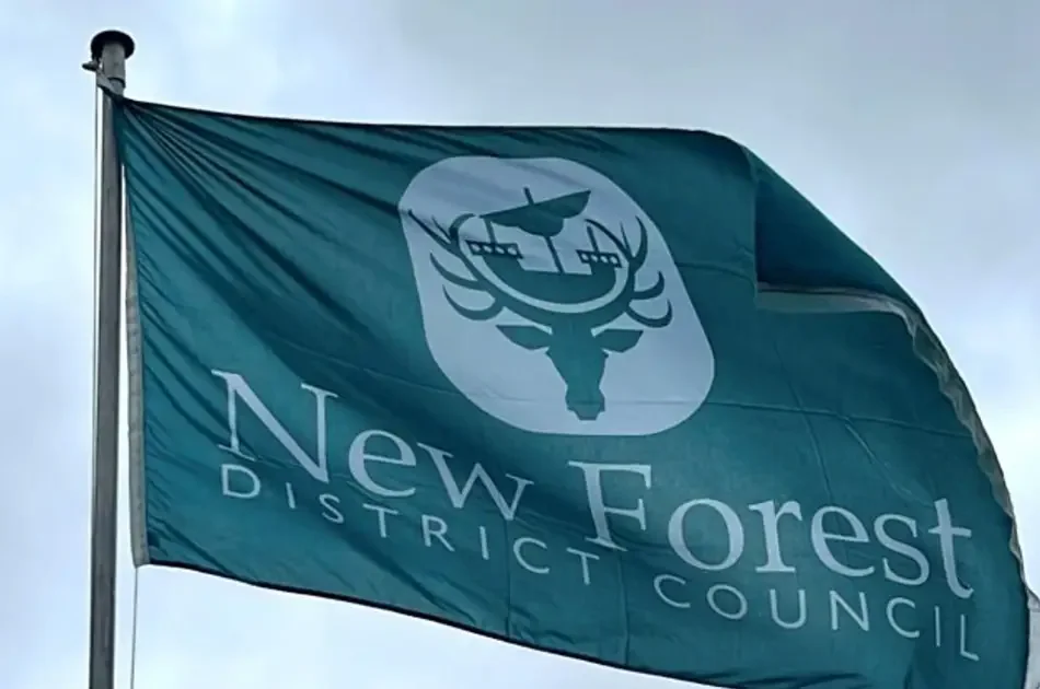 The green flag of the New Forest District Council, featuring a white emblem of a deer head topped with a ship, waving on a flagpole.